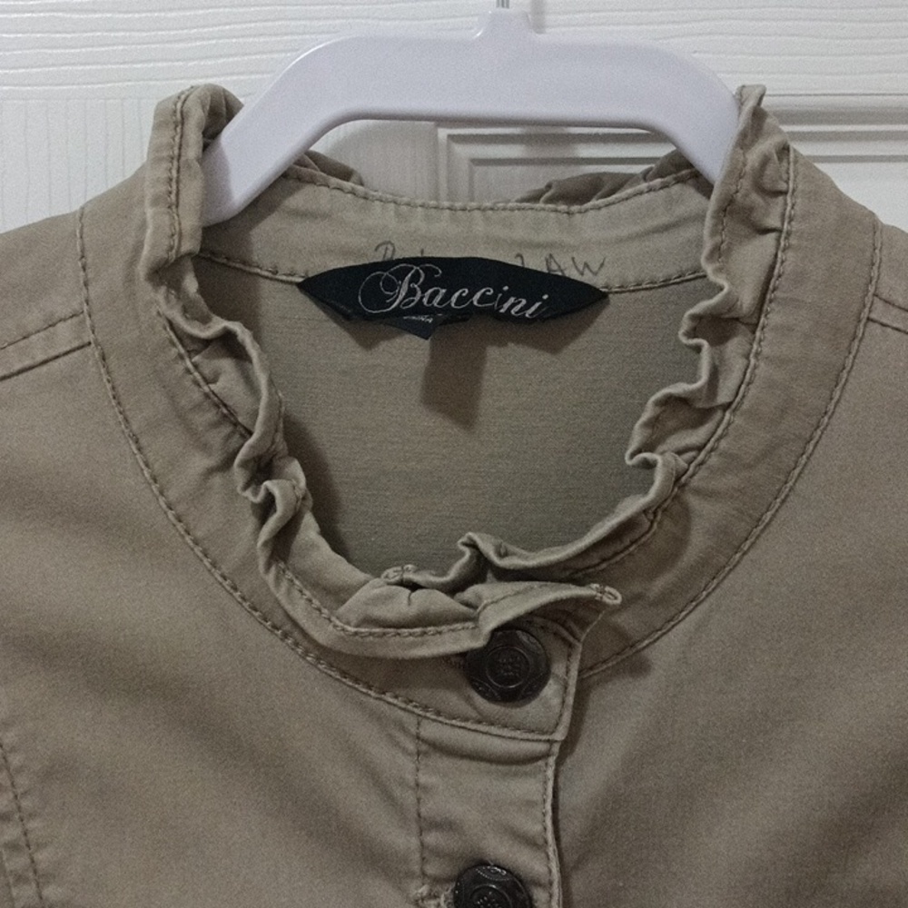 Baccini Taupe Jacket with Ruffle Trim Metal Buttons Ladies Large - Picture 3 of 12